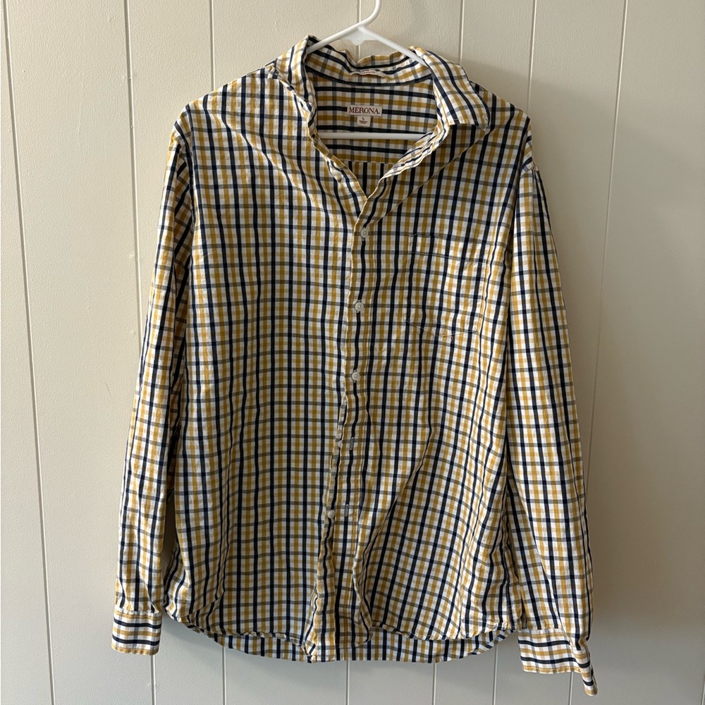 Merona Blue and Yellow Casual Button Down Shirt casual plaid fall work